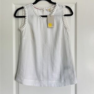 Boden White Sleeveless Blouse with Pom Pom Trim